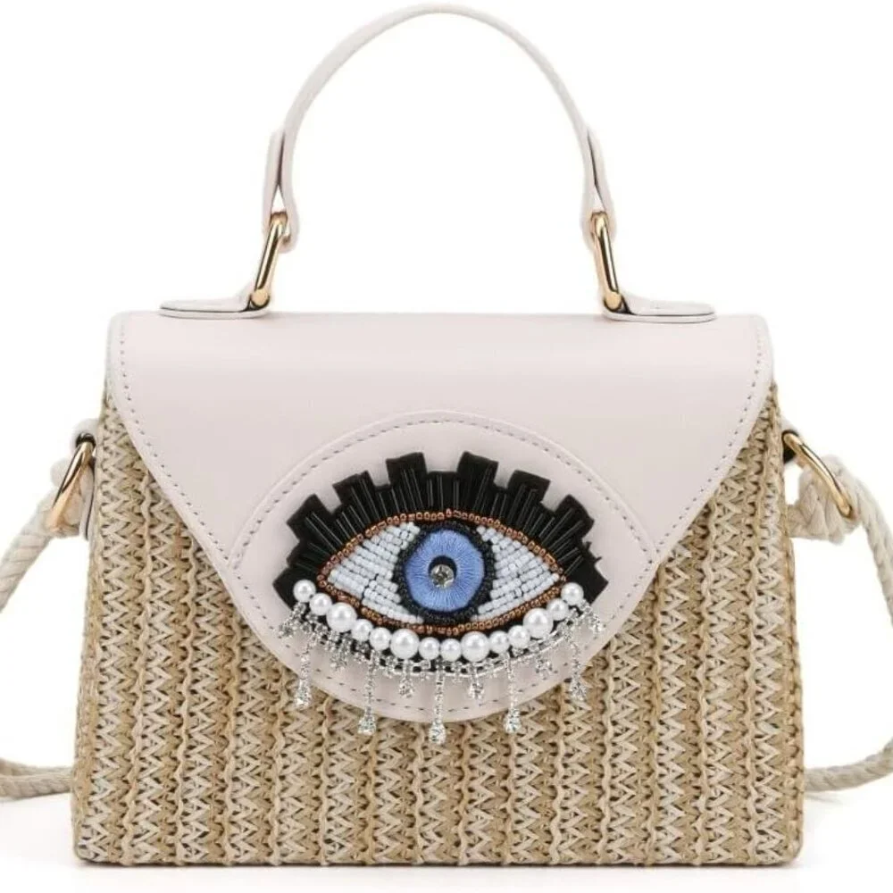 Bohemian Straw Handbag with Evil Eye Embellishment Crossbody Tote for Women